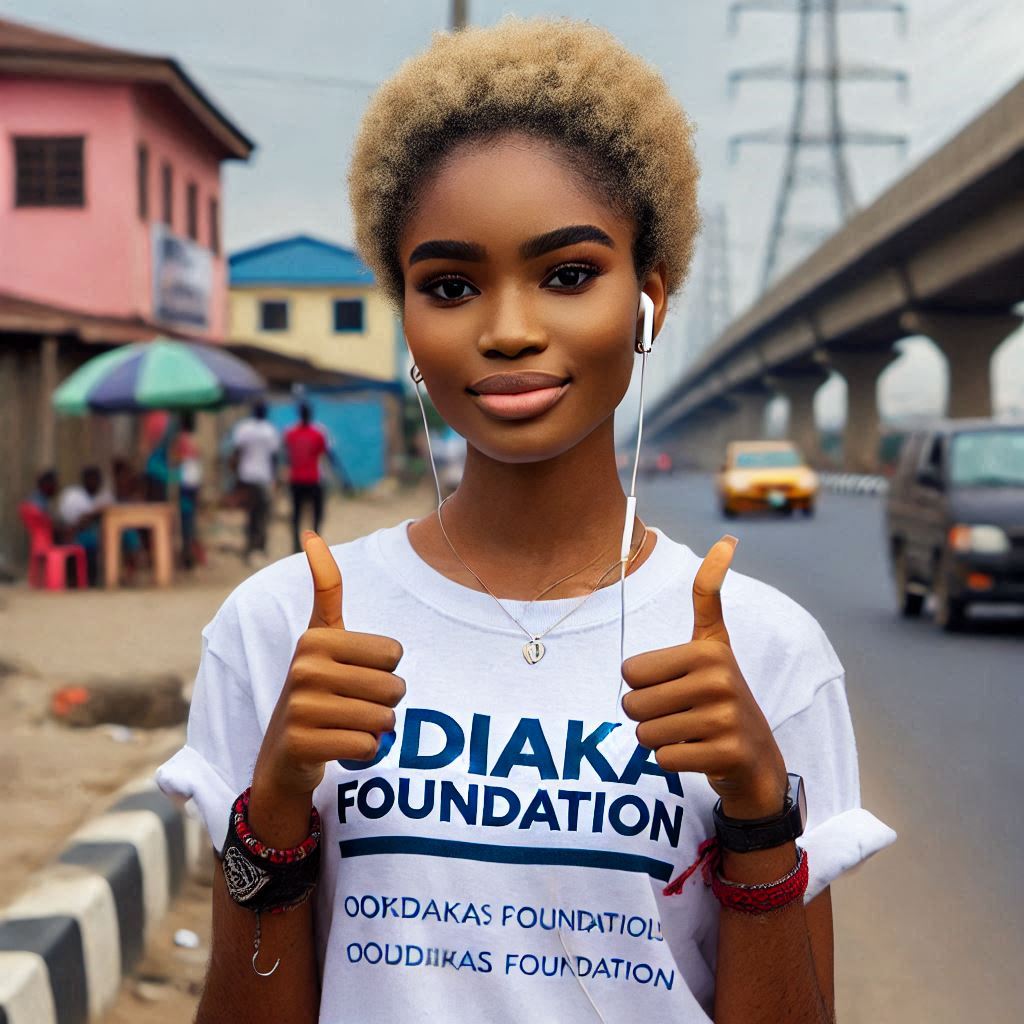 A Nigerian youth lady wearing a T-shirt with Odiaka Foundation written on it, with her thumbs up in Lagos, Nigeria